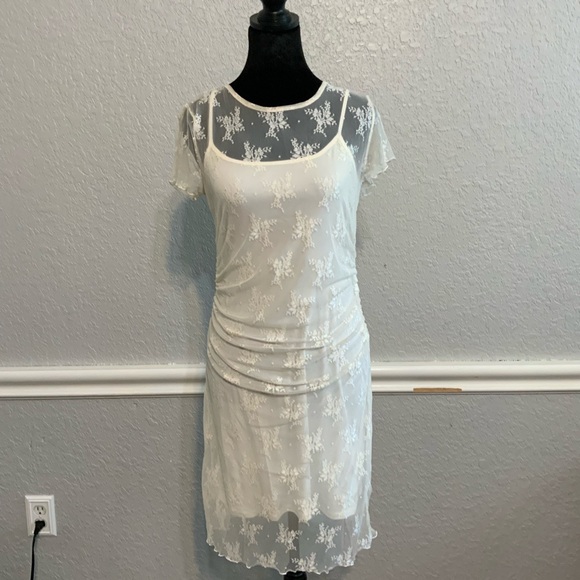 Elegant White Lace Overlay Dress - Picture 1 of 3